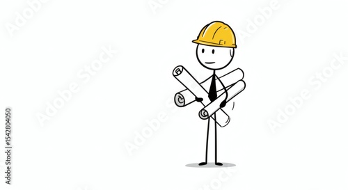 Stick Figure Architect Carrying Blueprint Rolls Construction Project Illustration