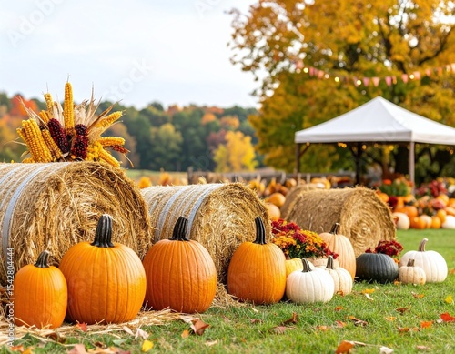 Autumn Harvest Scene With Pumpkins And Hay Bales
