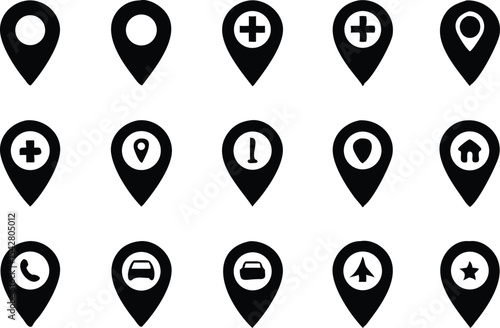 Set pointers, parking, restaurants, hospitals, supermarkets, telephones, stars, terminals, hotels, stations, bicycles, heart, camera house, airplane. Location icon map pin pointer. Navigation pointer