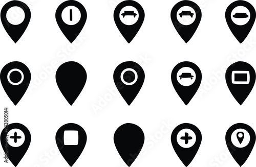 Set pointers, parking, restaurants, hospitals, supermarkets, telephones, stars, terminals, hotels, stations, bicycles, heart, camera house, airplane. Location icon map pin pointer. Navigation pointer
