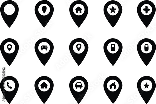Set pointers, parking, restaurants, hospitals, supermarkets, telephones, stars, terminals, hotels, stations, bicycles, heart, camera house, airplane. Location icon map pin pointer. Navigation pointer