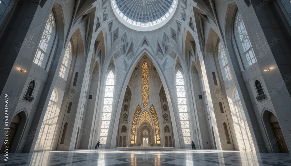Fototapeta premium Hypermodern mosque with geometric patterns and light captured in a bright, spacious interior.