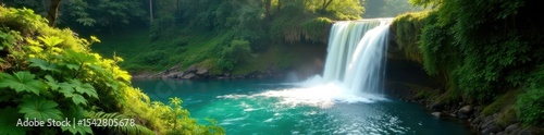Sunlit cascade plunges into emerald pool, lush ferns , waterfall, scenic, untouched