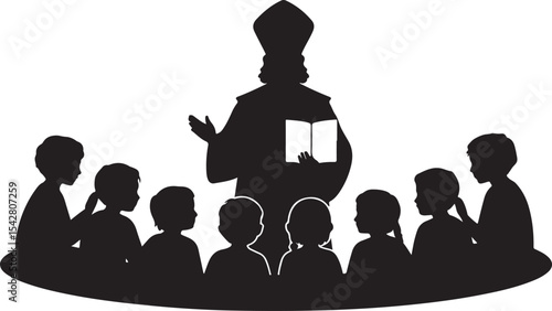 Silhouette of teacher reading to group of children symbolizing learning, education, mentorship and classroom setting