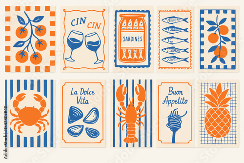 Retro Italian Food Illustrations Collection – Mediterranean Style Art in Blue and Orange
