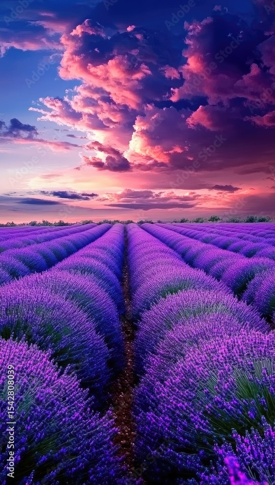 Naklejka premium Lavender field at sunset, vibrant colors, rows of purple flowers, dramatic sky