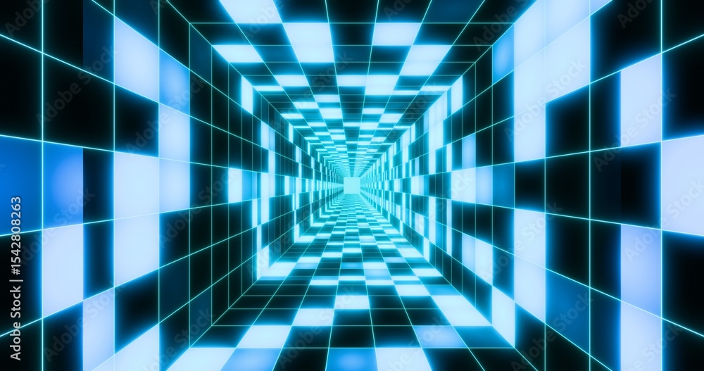 Fototapeta premium Futuristic glowing neon flashing checker floor background. Shining grid tiles inside square pipe in perspective. Bright retro digital vanishing point. 3D rendering.