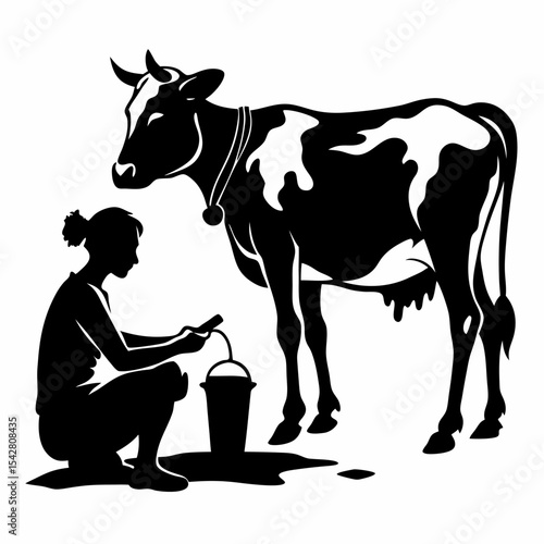 An expressive black ink silhouette of a person milking a cow, in the style of a Sumi-e brush painting. The silhouette has varied thickness and a fluid, organic feel.