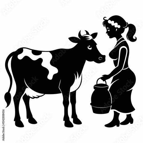 A charming storybook silhouette of a milkmaid milking her friendly cow. The figures have soft, rounded edges and a gentle, whimsical quality. Perfect for a children's illustration style
