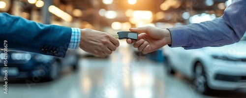 Transportation rental automotive business concept, with a rental car agent handing a car key to a client for a sightseeing trip., Generative AI