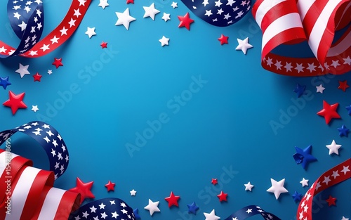 Happy Presidents Day concept. Grosgrain ribbon, American flags and confetti stars on blue background with copy space. Web banner template for USA Independence day or Memorial Day. High quality