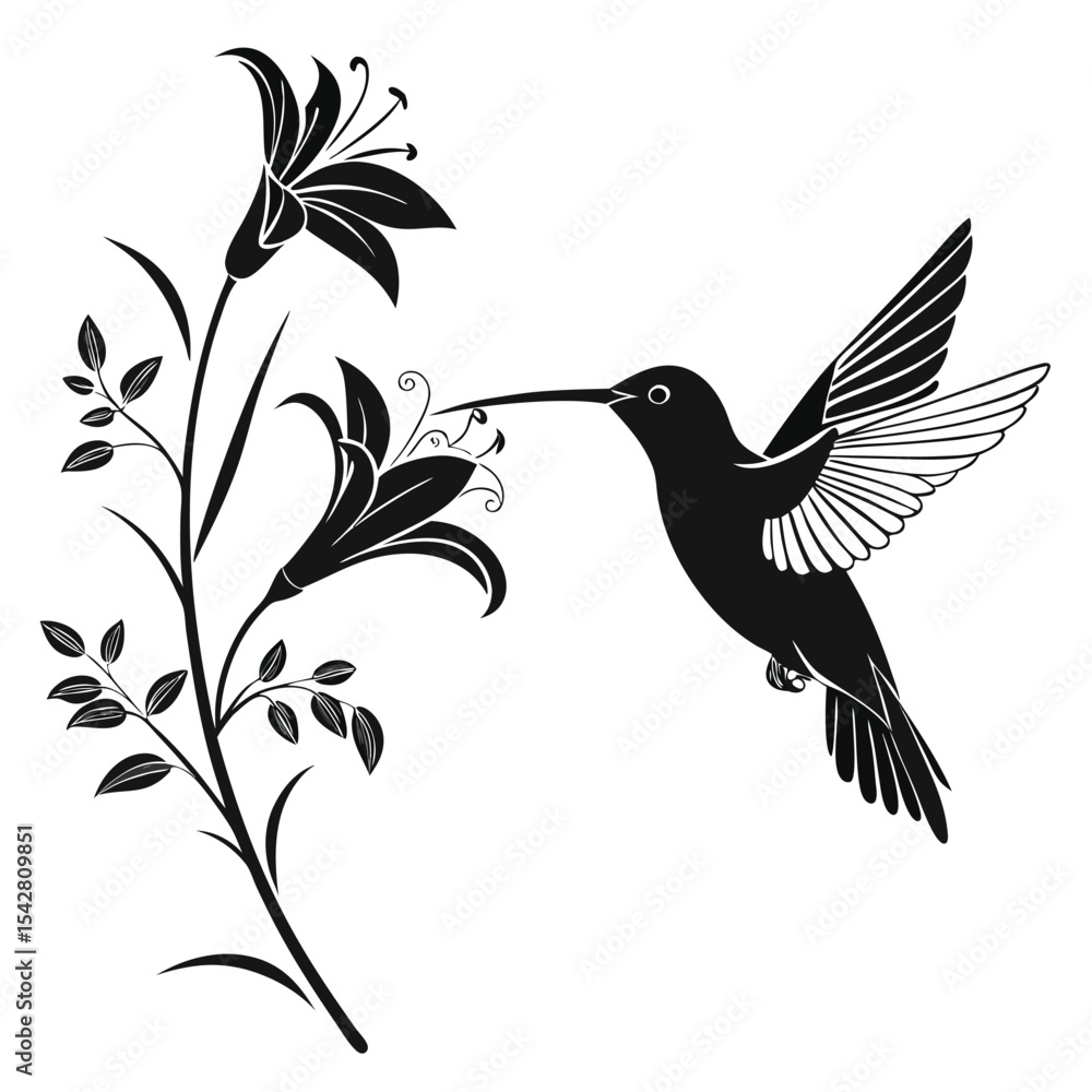 Naklejka premium Hummingbird and lily flower silhouette