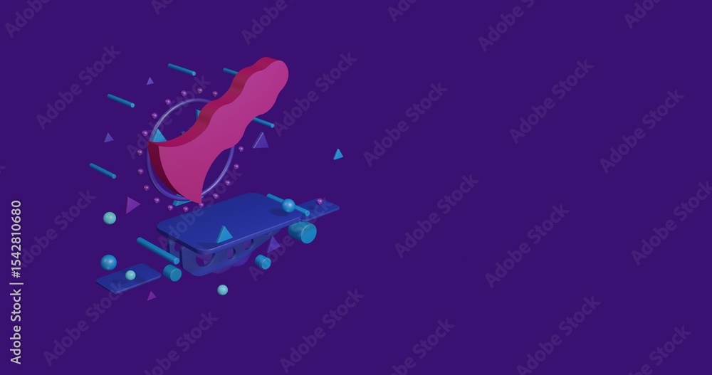 Fototapeta premium Pink sex toy symbol on a pedestal of abstract geometric shapes floating in the air. Abstract concept art with flying shapes on the left. 3d illustration on deep purple background
