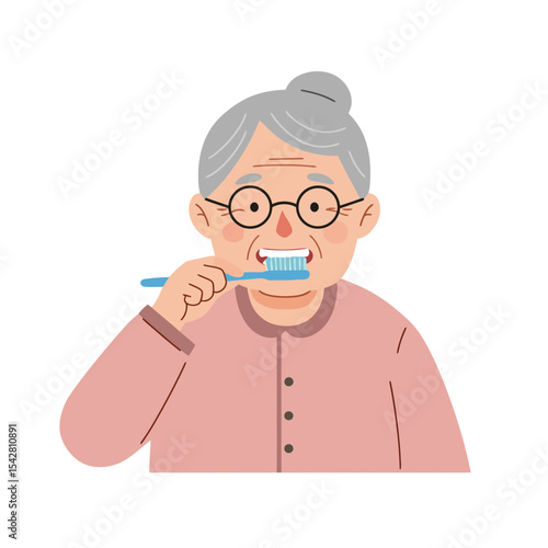 Elderly person brushing teeth, vector illustration. Senior woman with toothbrush, dental hygiene, dentures care routine. Older people everyday rituals