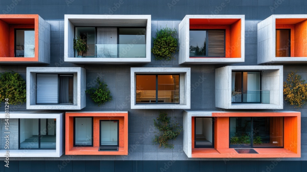 Obraz premium Modern apartment building facade with colorful window boxes.