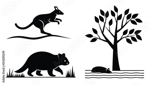 Simple vector illustrations of australian animals featuring kangaroo wombat tree and platypus silhouettes