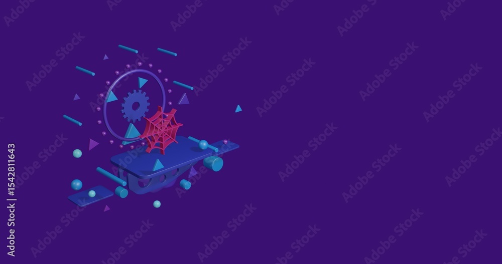 Obraz premium Pink spider web symbol on a pedestal of abstract geometric shapes floating in the air. Abstract concept art with flying shapes on the left. 3d illustration on deep purple background