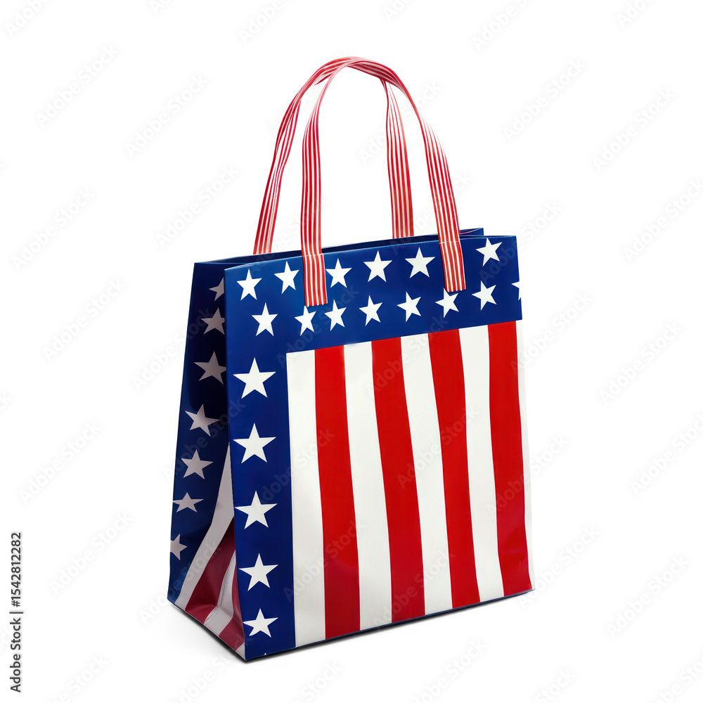 Fototapeta premium A patriotic American flag-themed gift bag with red, white, and blue colors and stars on a white background.