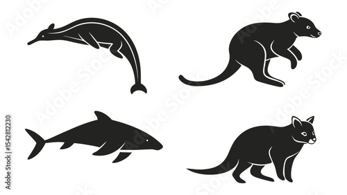 Vector silhouettes of marine and terrestrial animal designs featuring dolphins, sharks, and quokkas for diverse applications.