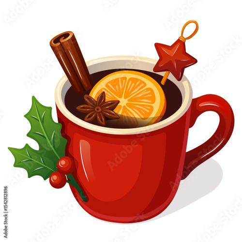 Festive red mug of mulled wine with orange slice cinnamon stick star anise and holly sprig