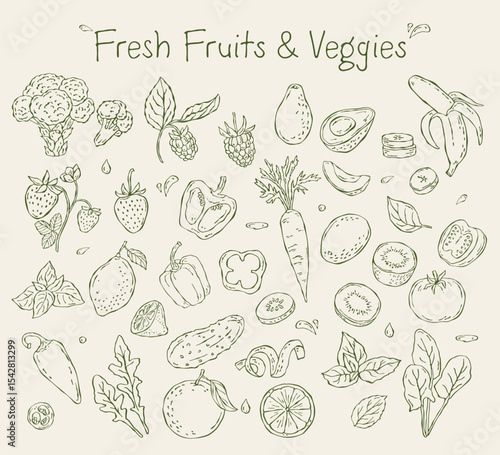 Hand-drawn vector sketch set of fruits and vegetables.
Minimal line illustrations of various fruits and vegetables in a clean doodle style