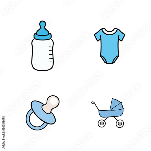 Vector art of baby bottle onesie pacifier and stroller isolated on white background