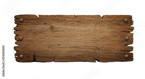 Isolated weathered wooden plank with rusty nails and rough edges on a white background studio shot