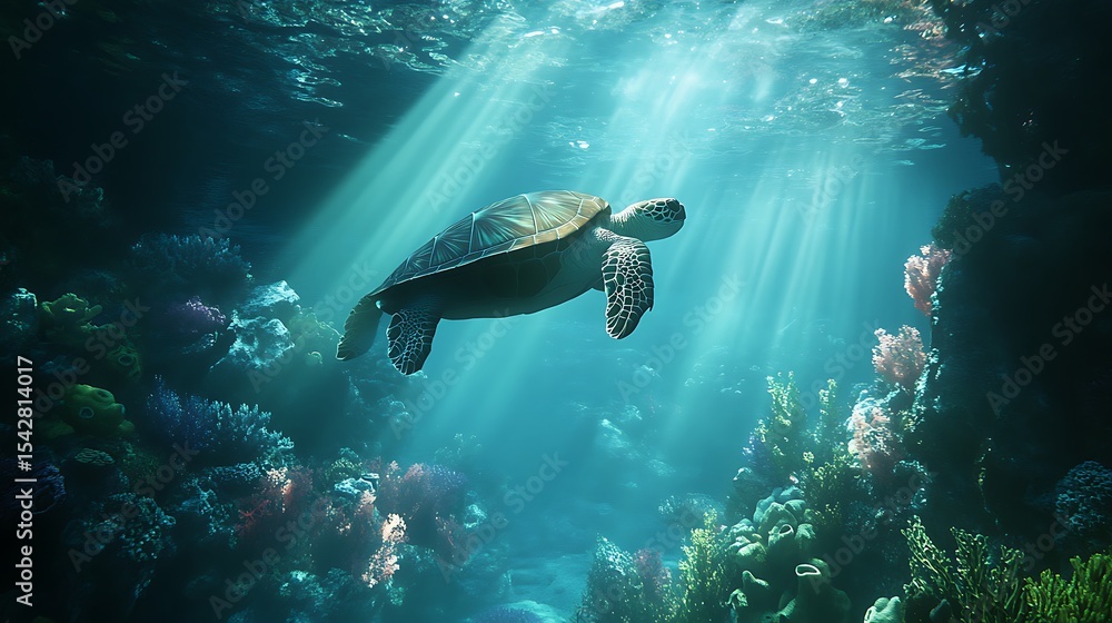 Fototapeta premium Turtle gliding through reef with vibrant sea life high resolution picture