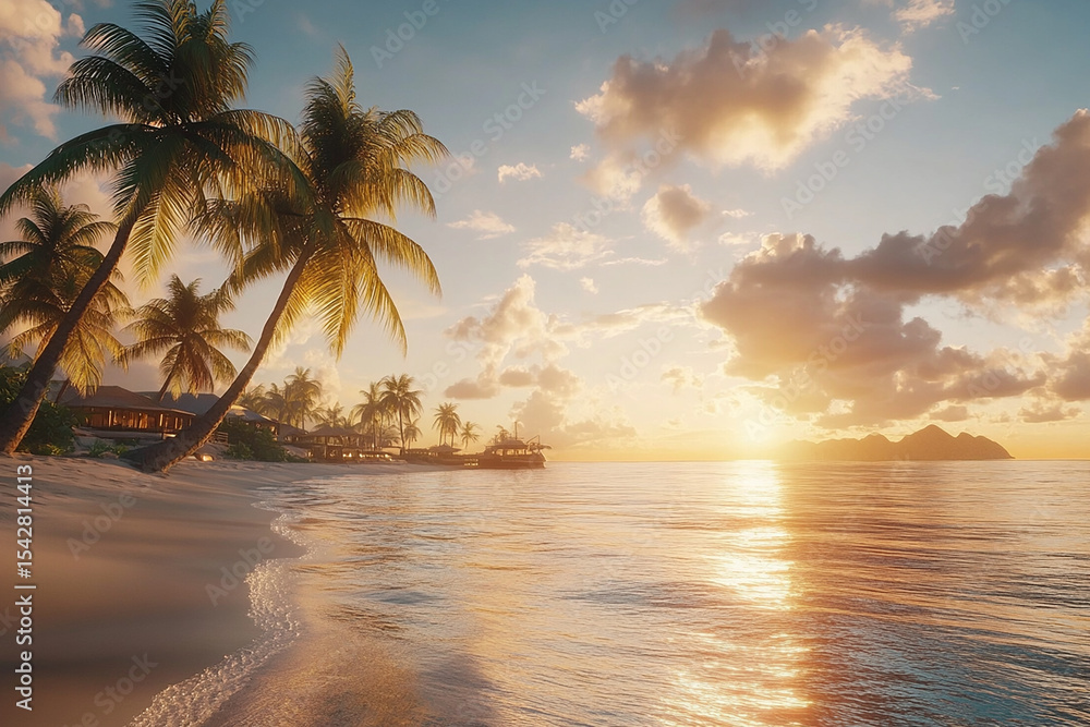 Fototapeta premium Tropical beach scene with palm trees and a vibrant sunset over the ocean