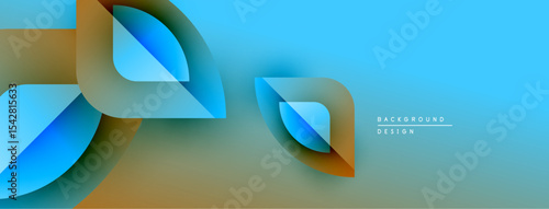 Abstract shapes overlap, creating dynamic blue, gold gradients. Modern design suggests technology, innovation, visual appeal.