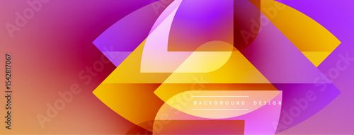 Abstract vibrant design features overlapping shapes, gradients. Colors transition from pink, purple, yellow, orange. Modern aesthetic.