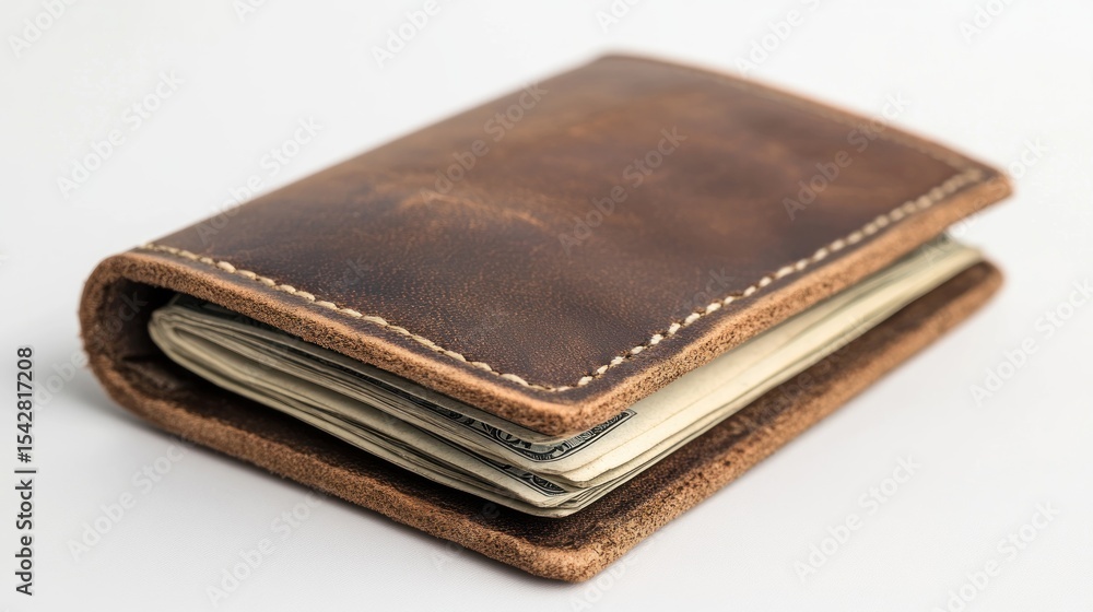Brown leather wallet with folded bills Brown leather wallet with folded bills