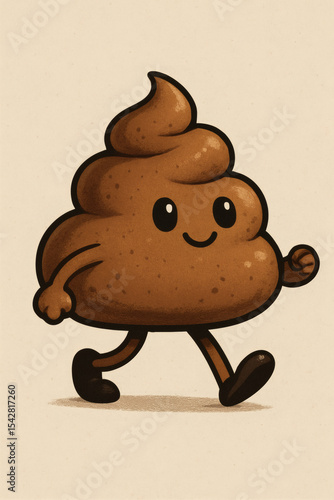 Animated poop character walking happily with a smile on its face. The cartoonish character exudes charm against a beige background.