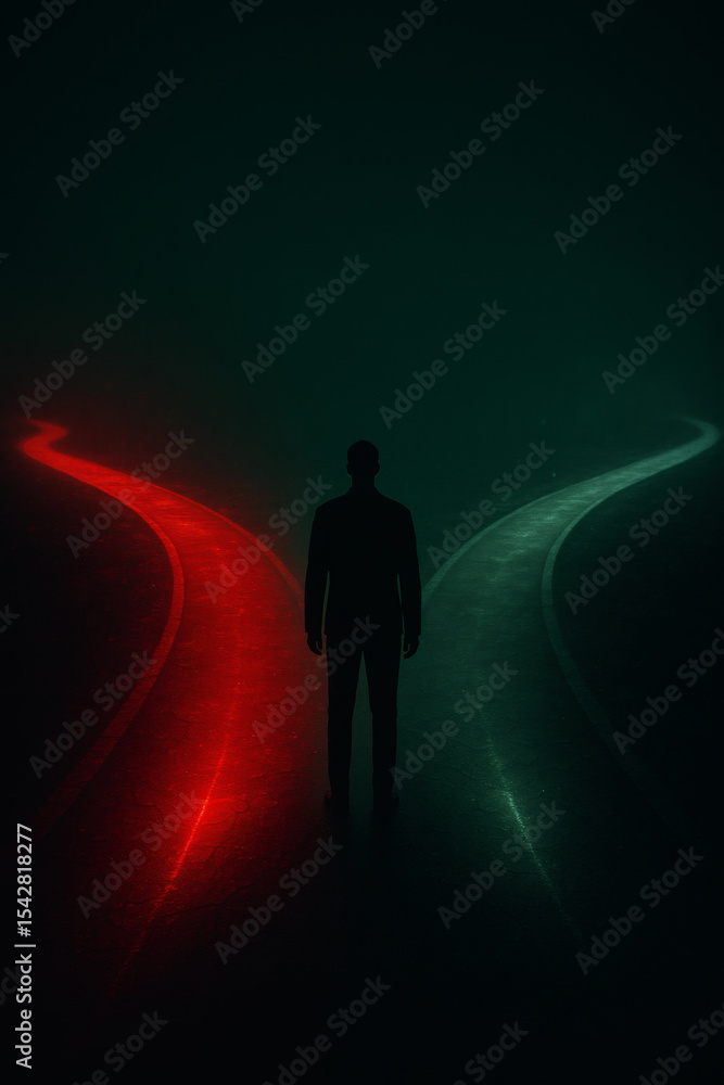 Silhouette stands at a crossroads: path of red (risk) vs. green (safety). A symbol of choices, uncertainty, and pivotal life decisions. Silhouette stands at a crossroads: path of red (risk) vs. green (safety). A symbol of choices, uncertainty, and pivotal life decisions.