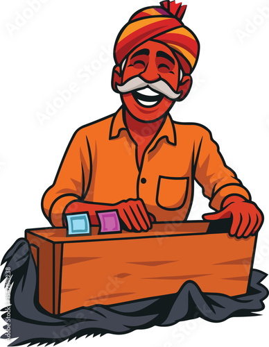 Indian rural old man singing with harmonium vector illustration