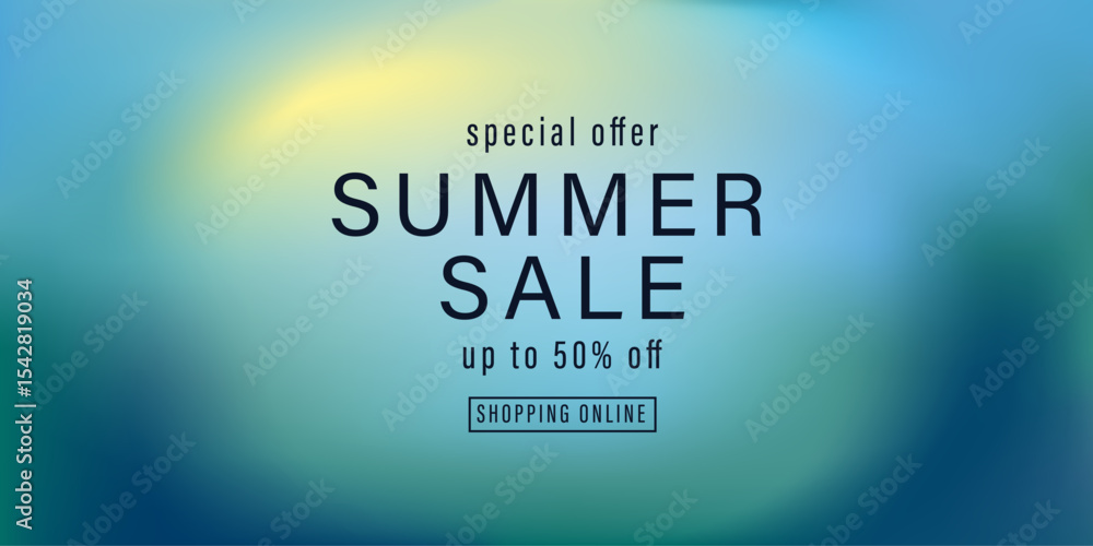 Summer sale shop banner. Soft pastel gradient in blue, green, white shades. Abstract summer background, wallpaper. Blurred minimal landscape.