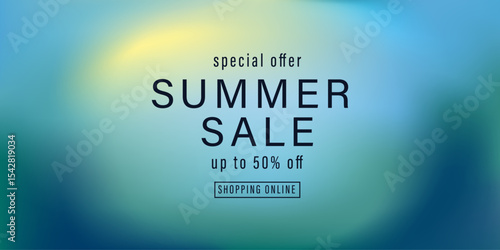 Summer sale shop banner. Soft pastel gradient in blue, green, white shades. Abstract summer background, wallpaper. Blurred minimal landscape.