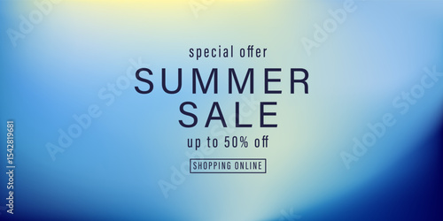Summer sale shop banner. Soft pastel gradient in blue, green, white shades. Abstract summer background, wallpaper. Blurred minimal landscape.