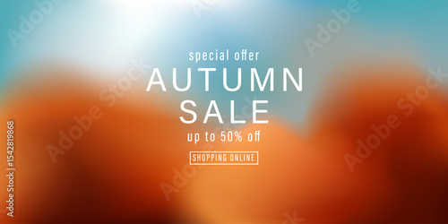 Autumn sale shop banner. Gradient soft background in warm shades. Red, orange retro mood backdrop. Defocused abstract landscape.