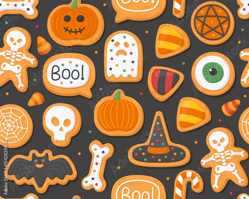 Halloween seamless pattern. Halloween gingerbreads on a black background. Skeleton, pumpkin, jack-o'-lantern, ghost, skull, bat, hat, sweets. Design for wrapping paper, print.