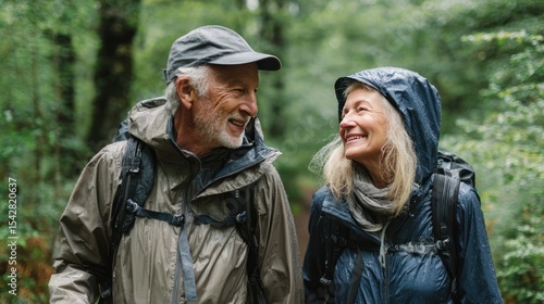 Wallpaper Mural Elderly man and woman walking together in woods, smiling and talking, dressed in hiking gear, peaceful natural environment, forest wellness journey Torontodigital.ca