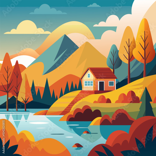 Autumn Landscape. Cozy Lake House nestled in Mountains