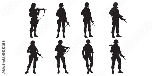 Set of vector military silhouettes of female soldiers walking, aiming, and standing in strategic battlefield positions with rifles. Global conflict, defense, and tactical readiness.