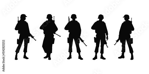 Set of vector military silhouettes of female soldiers walking, aiming, and standing in strategic battlefield positions with rifles. Global conflict, defense, and tactical readiness.