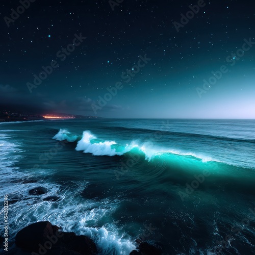 Nighttime ocean waves under a starlit sky