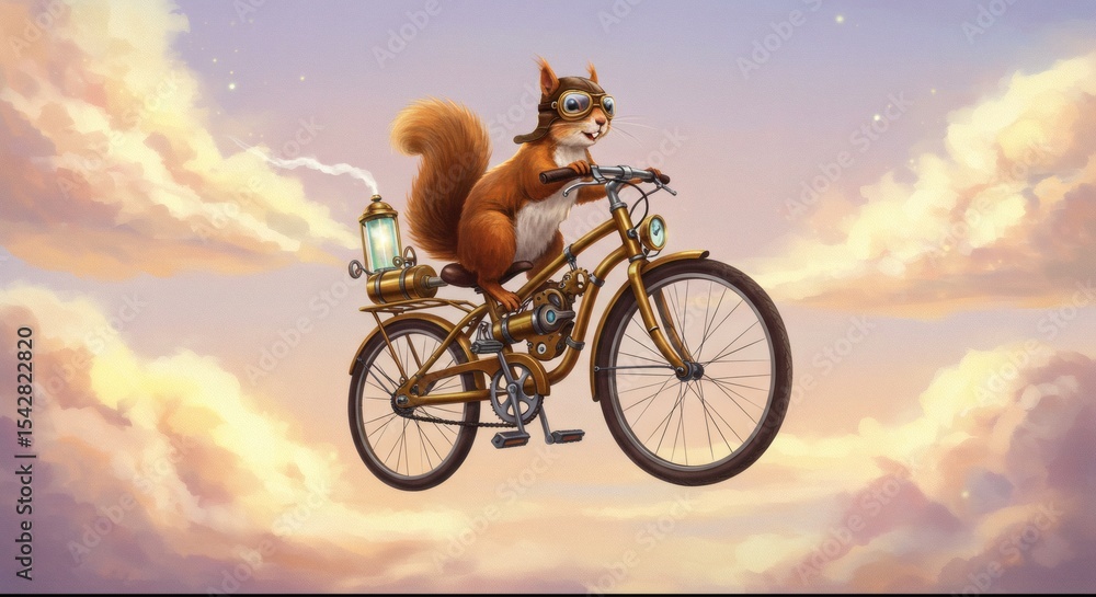 Fototapeta premium Steampunk Squirrel on a Flying Bicycle Whimsical Illustration
