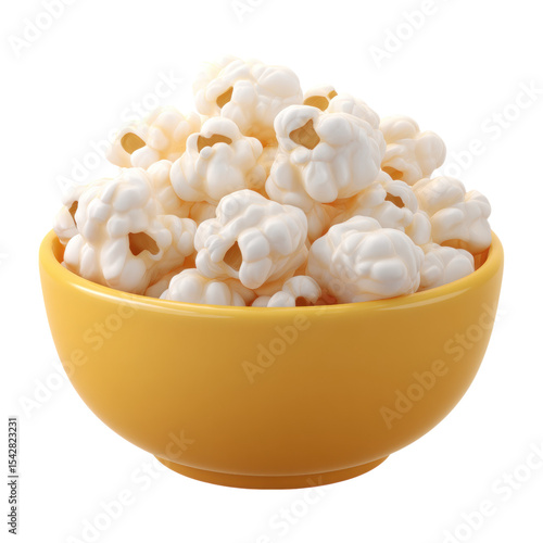 3D Cartoon Icon of Fluffy Popcorn in Yellow Bowl