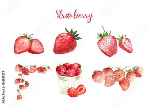 set of strawberries watercolors 