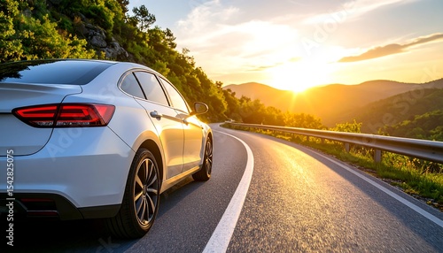 A modern silver car drives along a curving road at sunset, embodying freedom and automotive design.