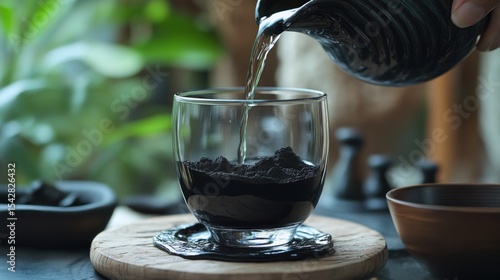 Pouring water over dark powder in a glass, zen-like setting.